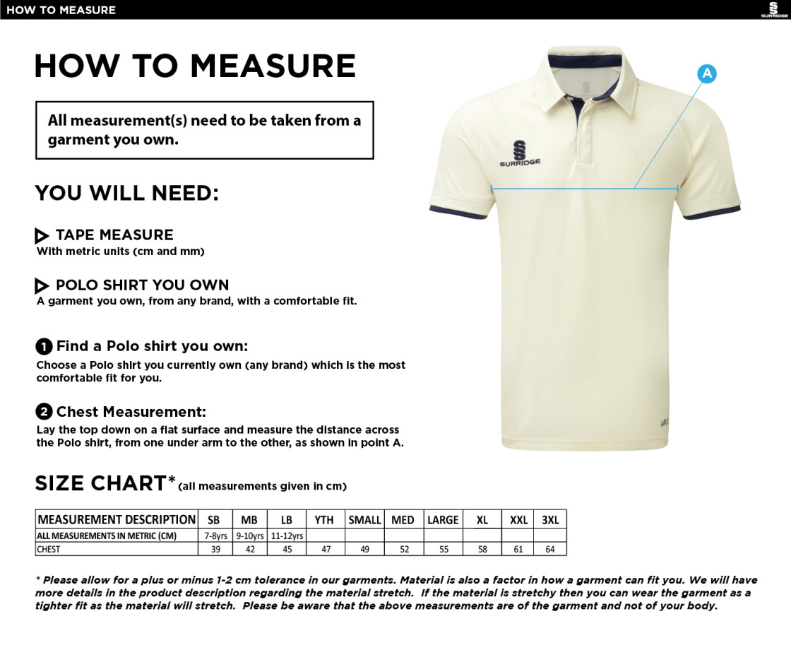 St Margaretsbury CC - Junior Ergo Short Sleeve Green Trim Shirt - Size Guide
