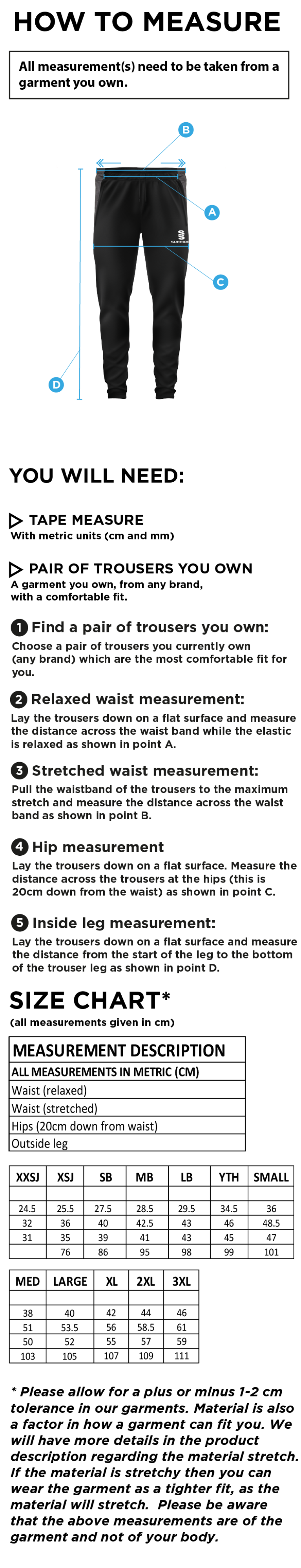 St Margaretsbury CC - Tek Slim Pant - Size Guide