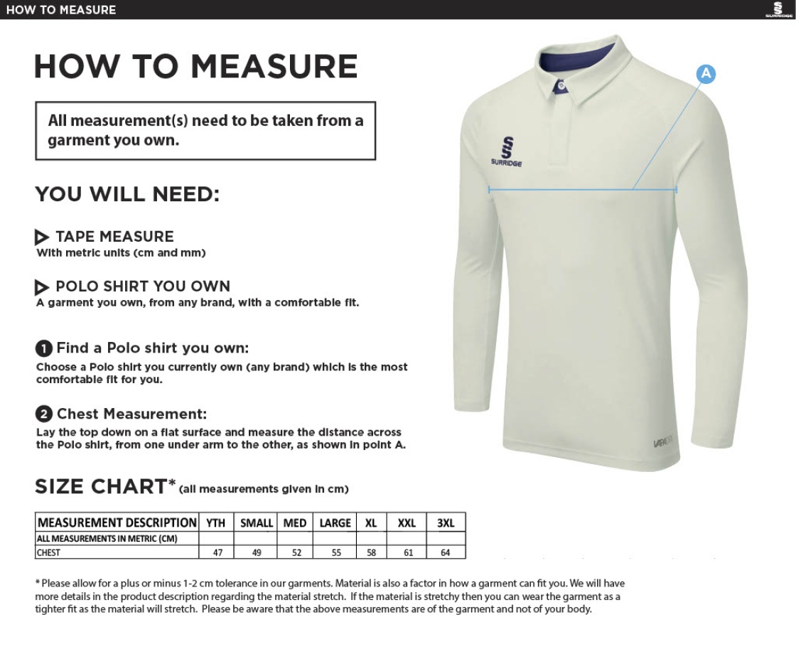 St Margaretsbury CC - Junior Ergo Long Sleeve Green Trim Shirt - Size Guide