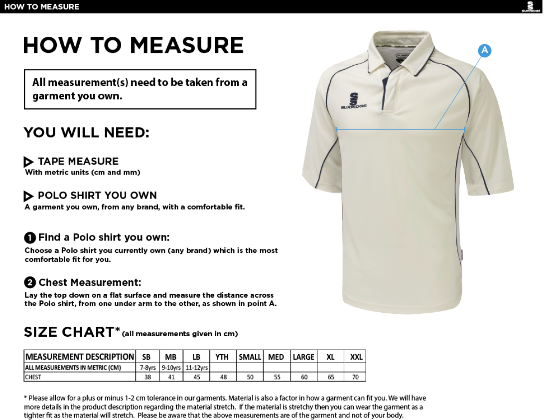 St Margaretsbury CC - Junior Premier 3/4 Sleeve Green Trim Shirt - Size Guide