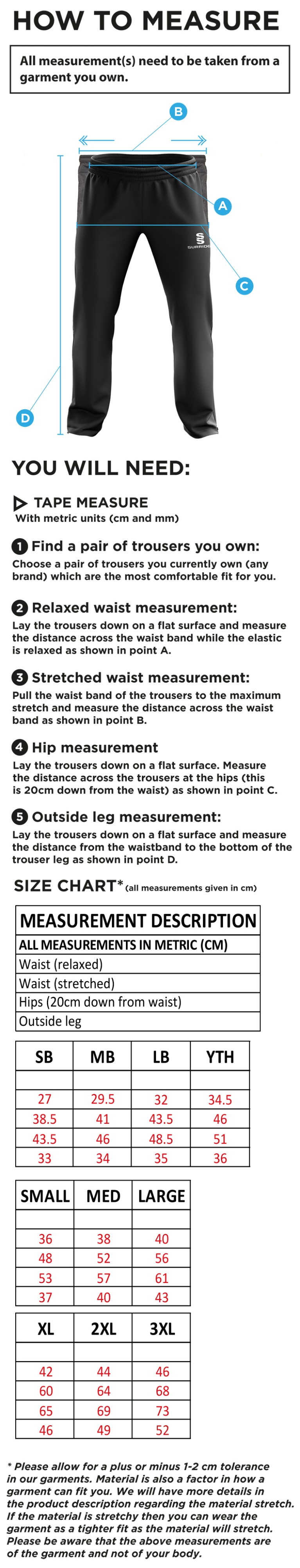 St Margaretsbury CC - Ripstop Track Pant - Size Guide