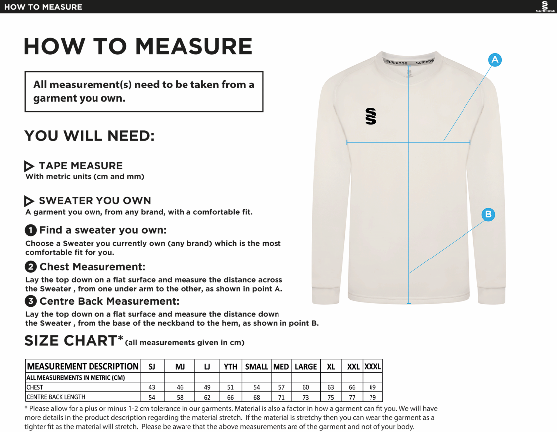 St Margaretsbury CC - Adult Blast Long Sleeve Cricket Sweater - Size Guide