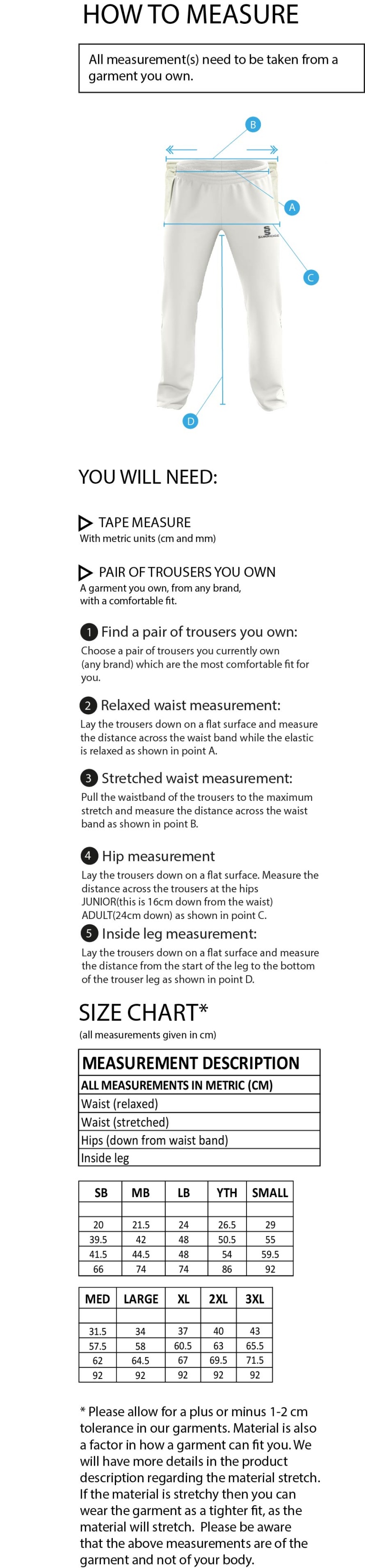 St Margaretsbury CC - Standard Playing Pant - Size Guide