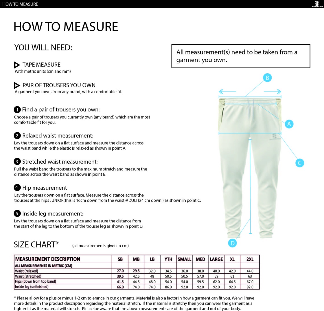 St Margaretsbury CC - Coloured Cricket Trousers - Size Guide