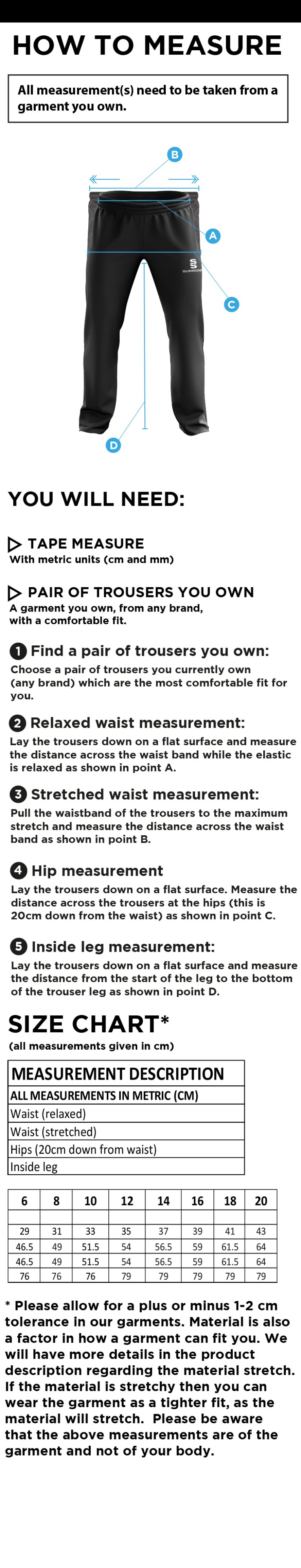 St Margaretsbury CC - Women's Poplin Track Pant - Size Guide