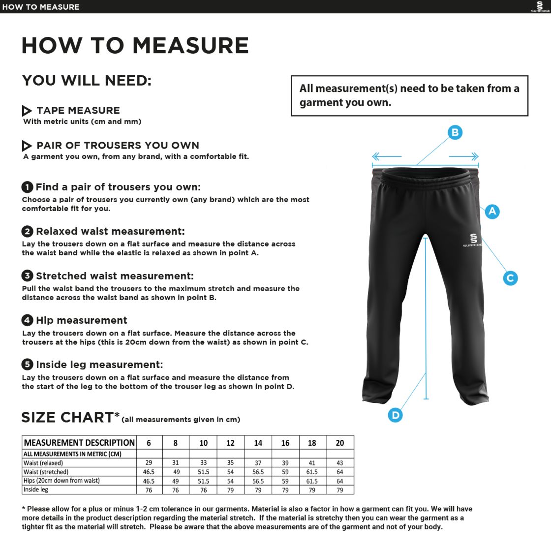 St Margaretsbury CC - Women's Ripstop Track Pant - Size Guide