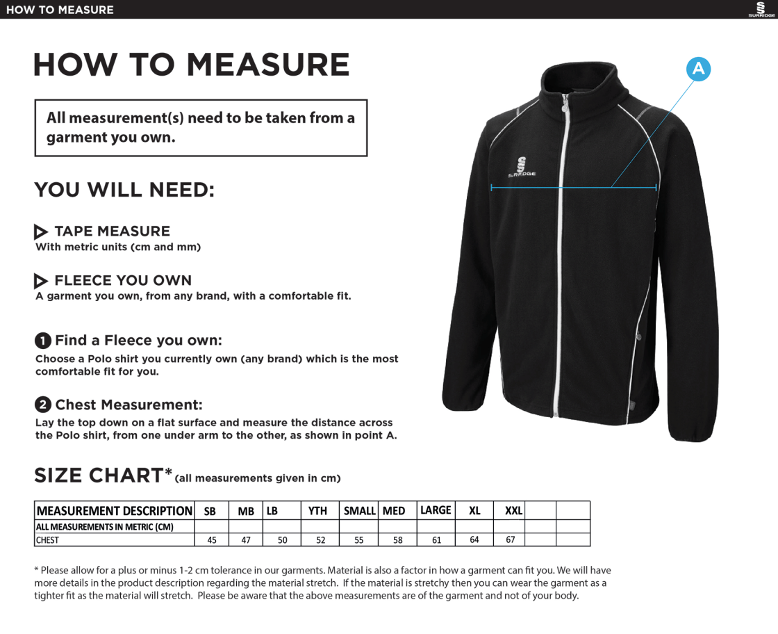 St Margaretsbury CC - Full Zip Fleece Jacket - Size Guide