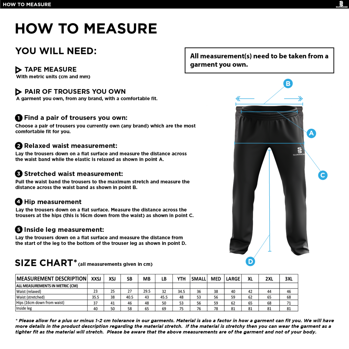 St Margaretsbury CC - Poplin Track Pant - Size Guide