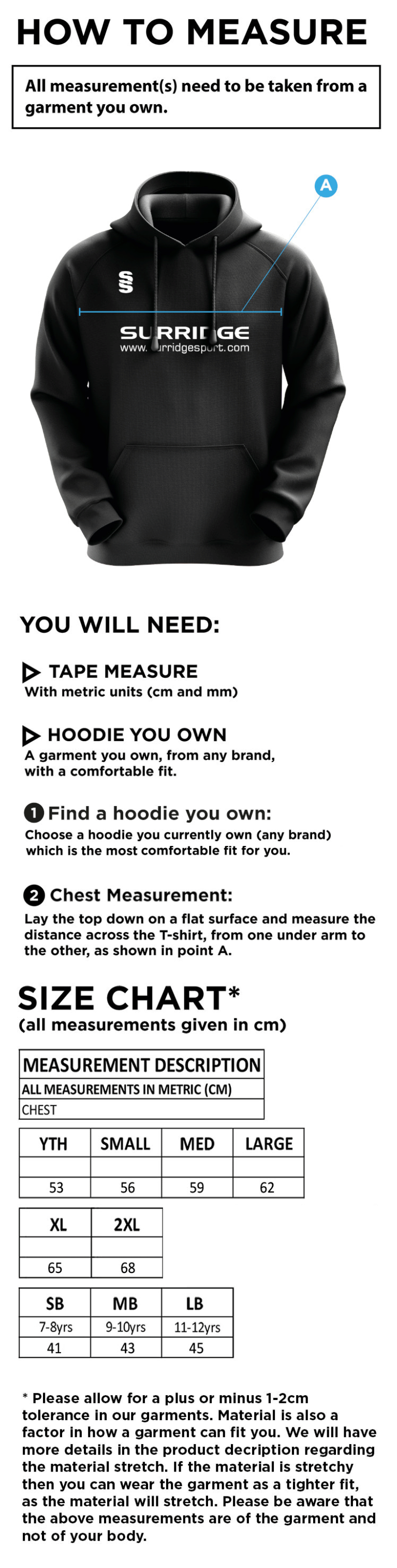 St Margaretsbury CC - Blade Hoody - Size Guide