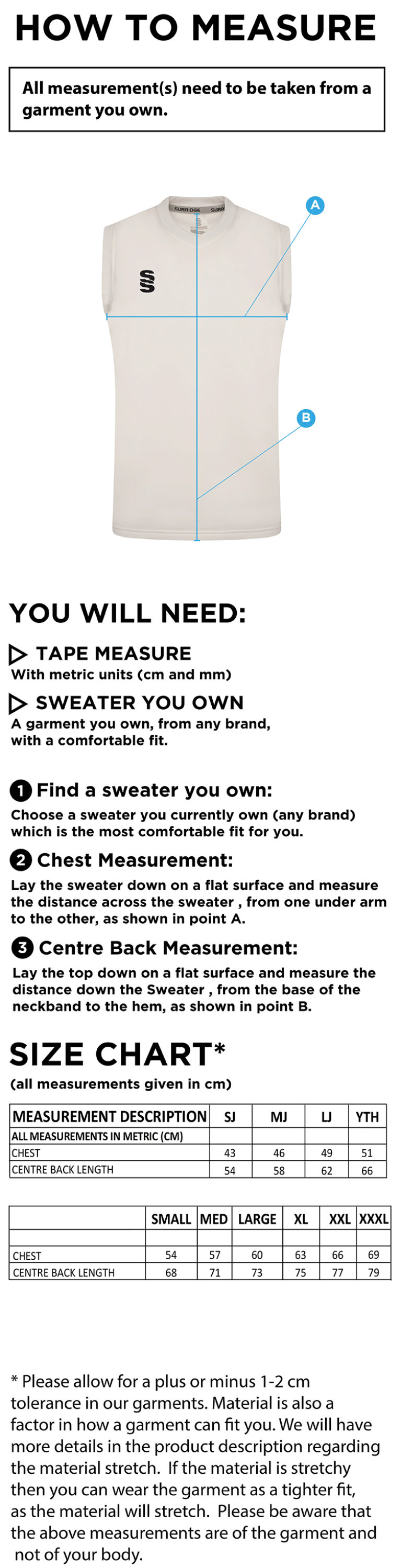 St Margaretsbury CC - Adult Blast Sleeveless Cricket Sweater - Size Guide