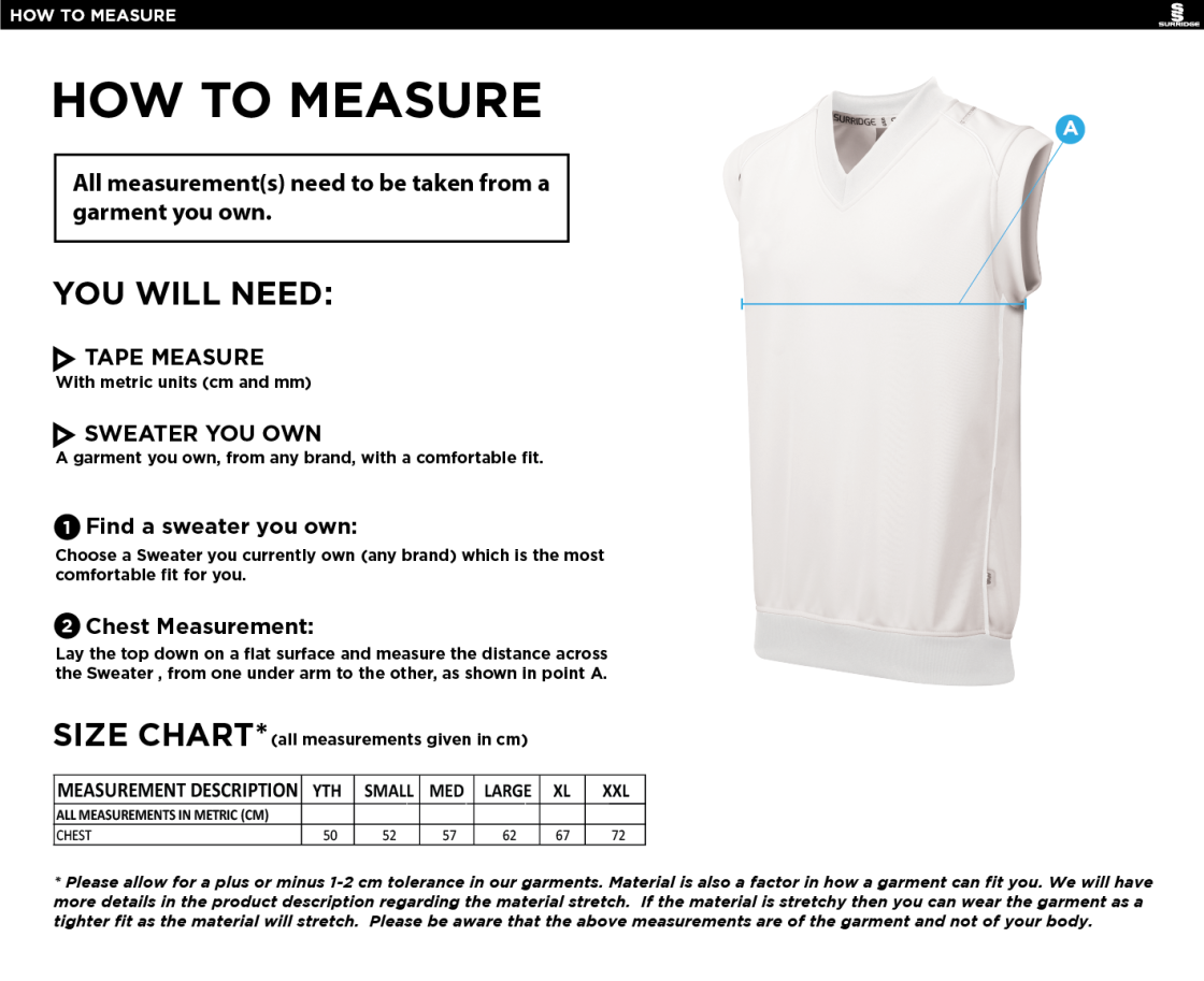 St Margaretsbury CC - Adult Sleeveless Sweater Green Trim - Size Guide