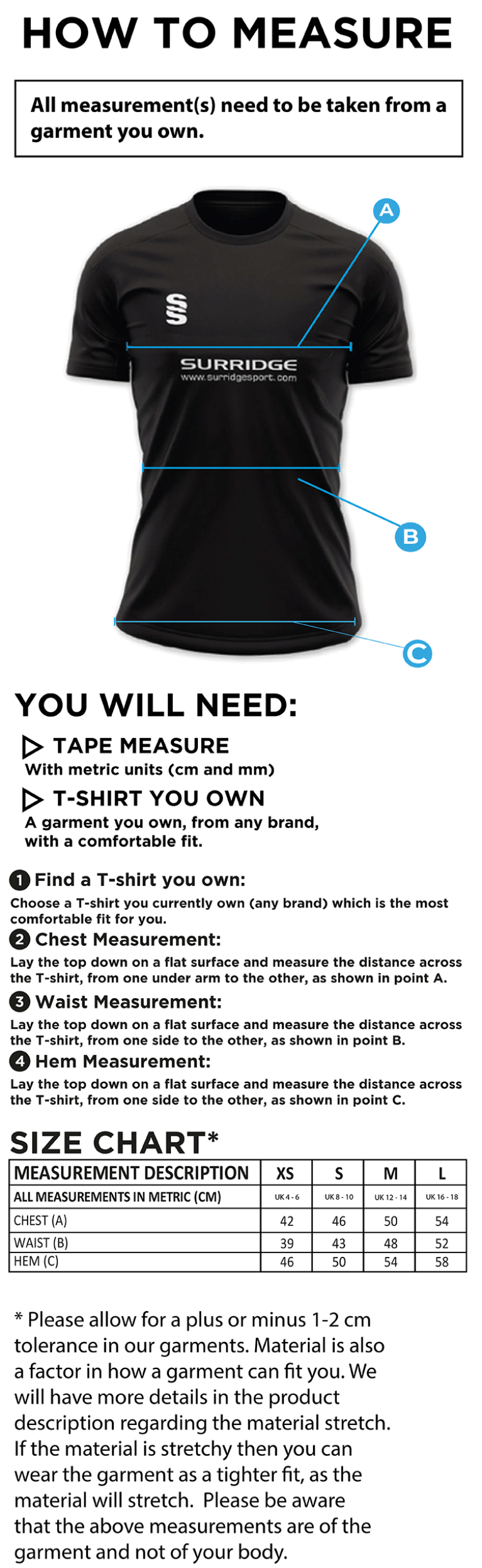 St Margaretsbury CC - Women's Dual Games Training Shirt - Size Guide