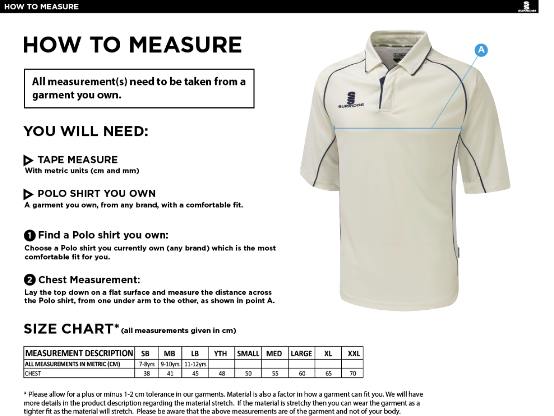 St Margaretsbury CC - Adult Premier 3/4 Sleeve Green Trim Shirt - Size Guide