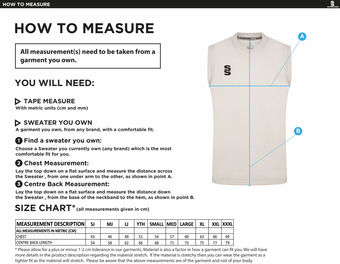 St Margaretsbury CC - Adult Blast Sleeveless Cricket Sweater - Size Guide