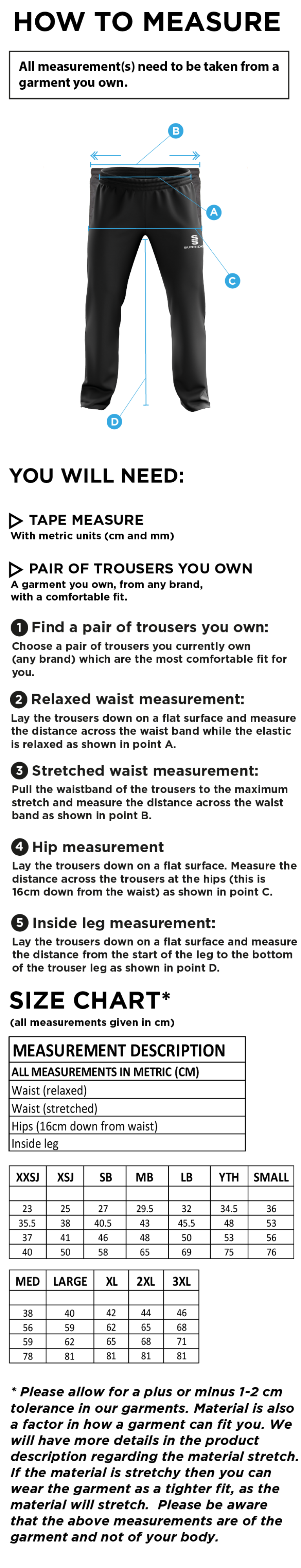 St Margaretsbury CC - Poplin Track Pant - Size Guide