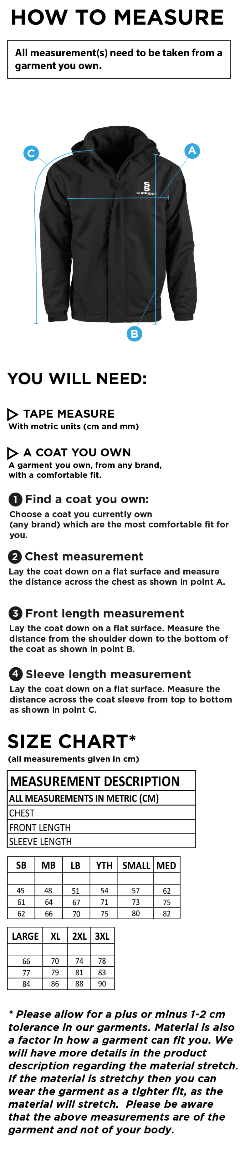 St Margaretsbury CC  - Fleeced Line Jacket - Size Guide