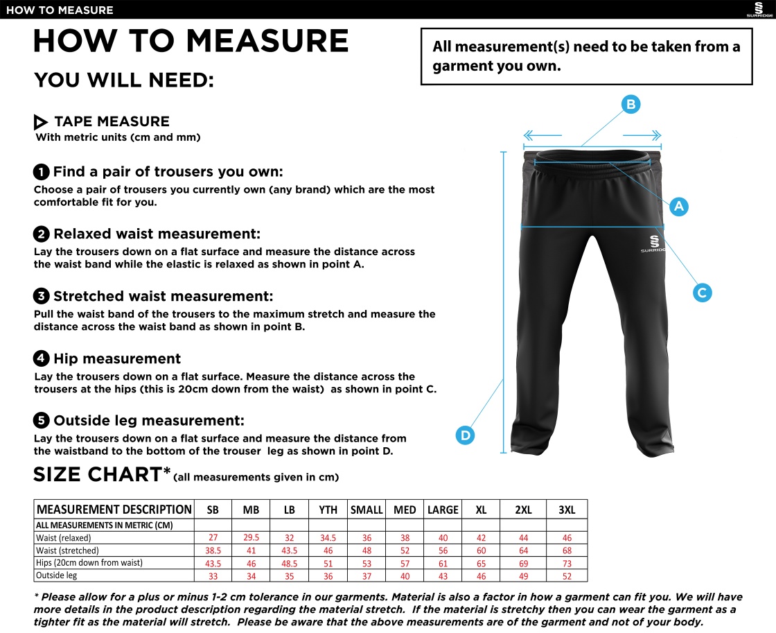 St Margaretsbury CC - Ripstop Track Pant - Size Guide