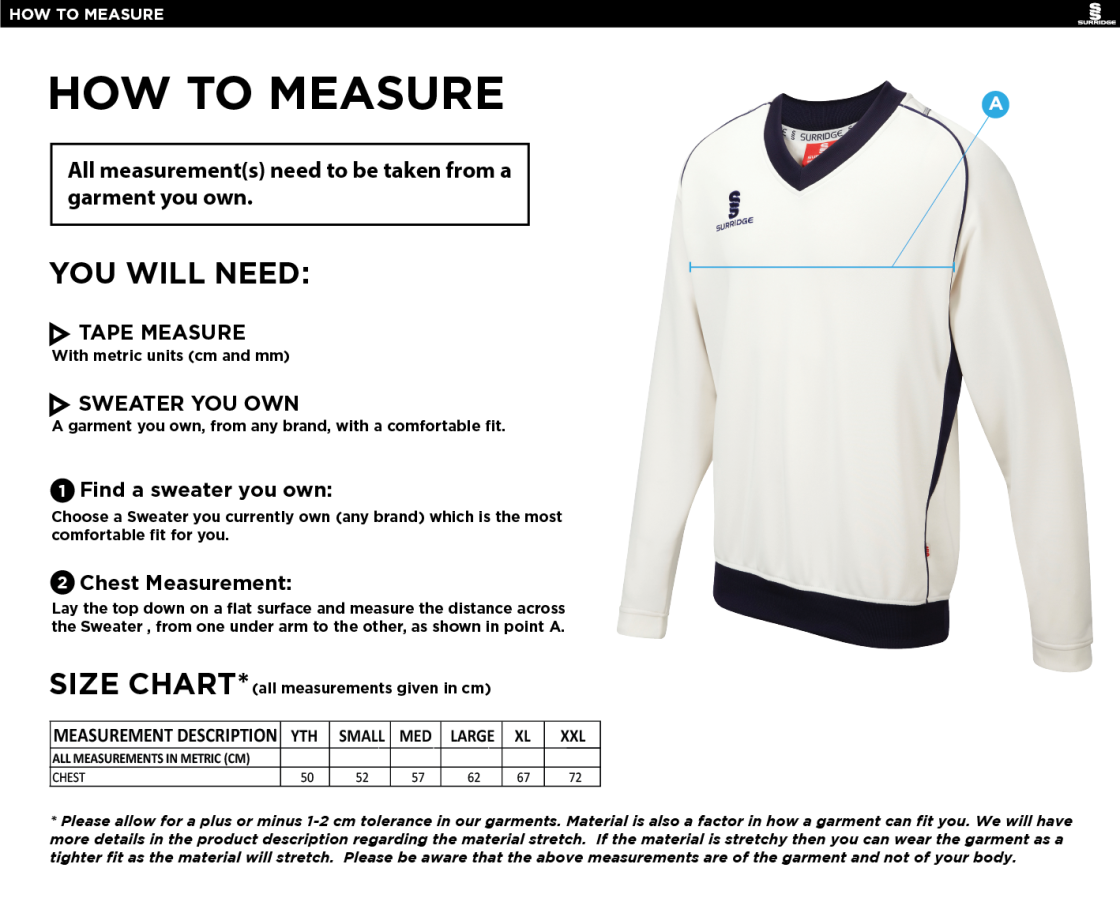 St Margaretsbury CC - Adults Long Sleeve Sweater Green Trim - Size Guide