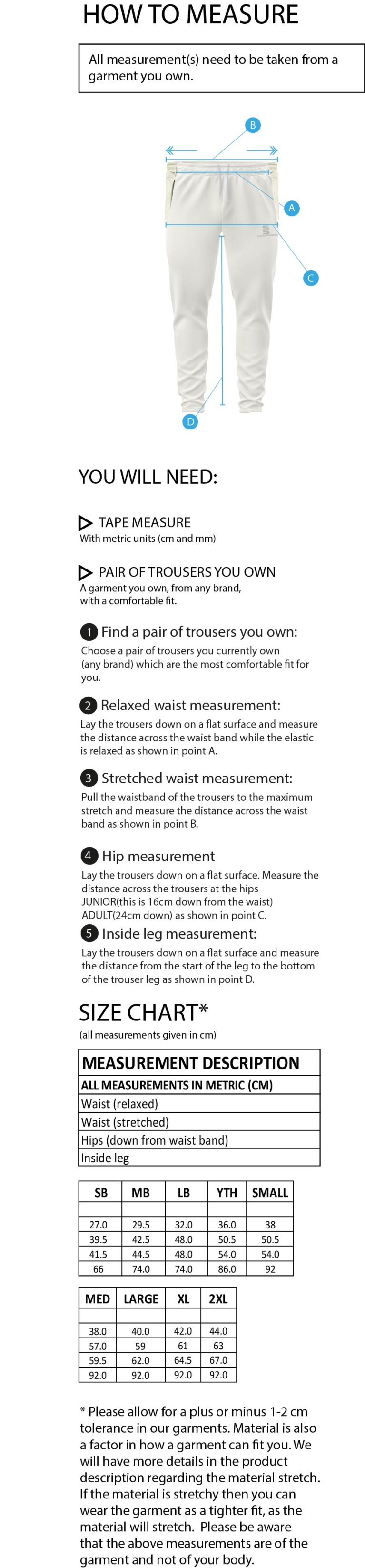 St Margaretsbury CC - Tek Playing Pant - Size Guide