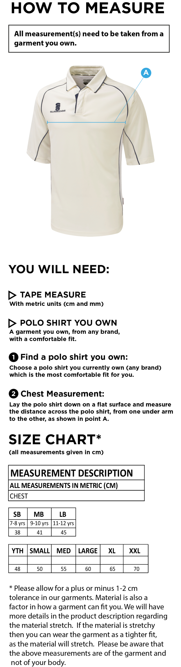 St Margaretsbury CC - Junior Premier 3/4 Sleeve Green Trim Shirt - Size Guide