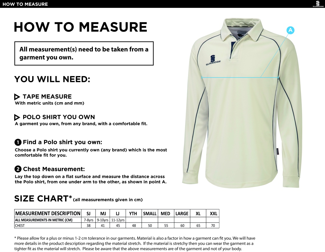 St Margaretsbury CC - Adults Premier Long Sleeve Green Trim Shirt - Size Guide