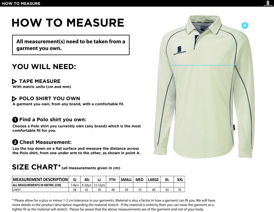 St Margaretsbury CC - Ladies - Adults Premier Long Sleeve Green Trim Shirt - Size Guide