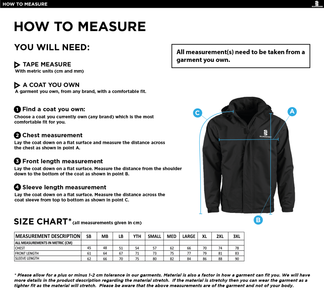 St Margaretsbury CC  - Fleeced Line Jacket - Size Guide